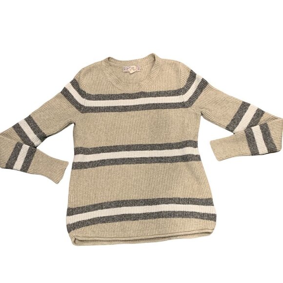Pink Republic XS Striped Pullover Sweater Oatmeal Beige Gray White 193G - Picture 1 of 7